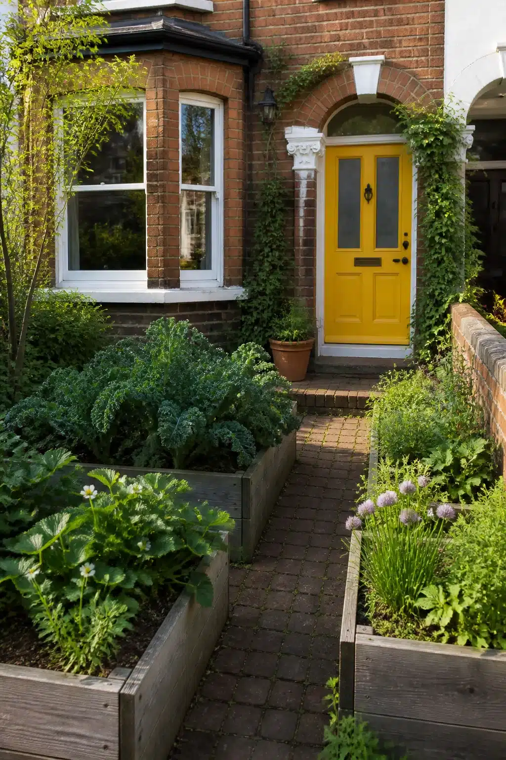 Small front garden with timber raised vegetable beds flanking a brick path leading to a bold yellow front door.