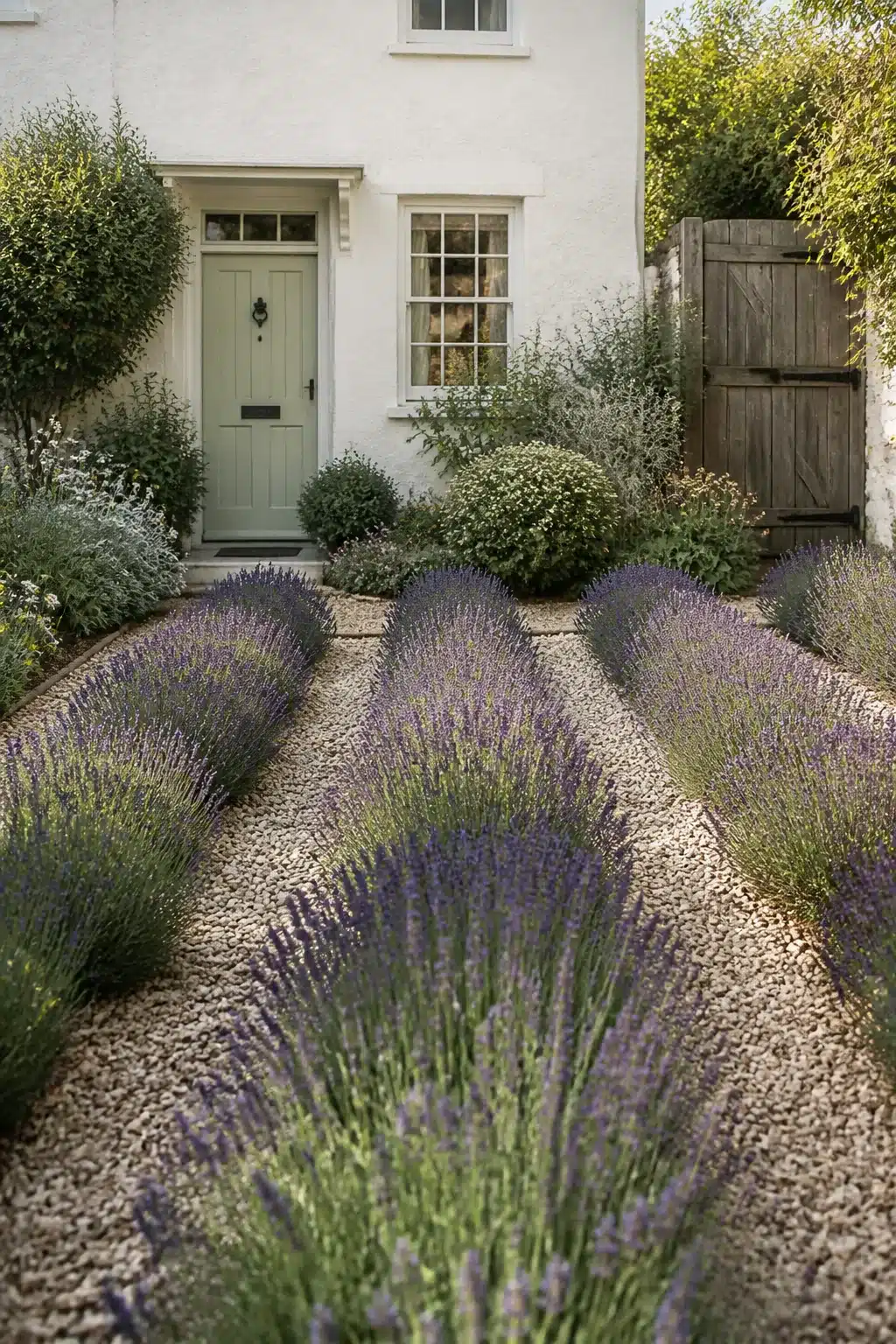 Rows of lavender in pea gravel front garden with sage green door — small front garden idea