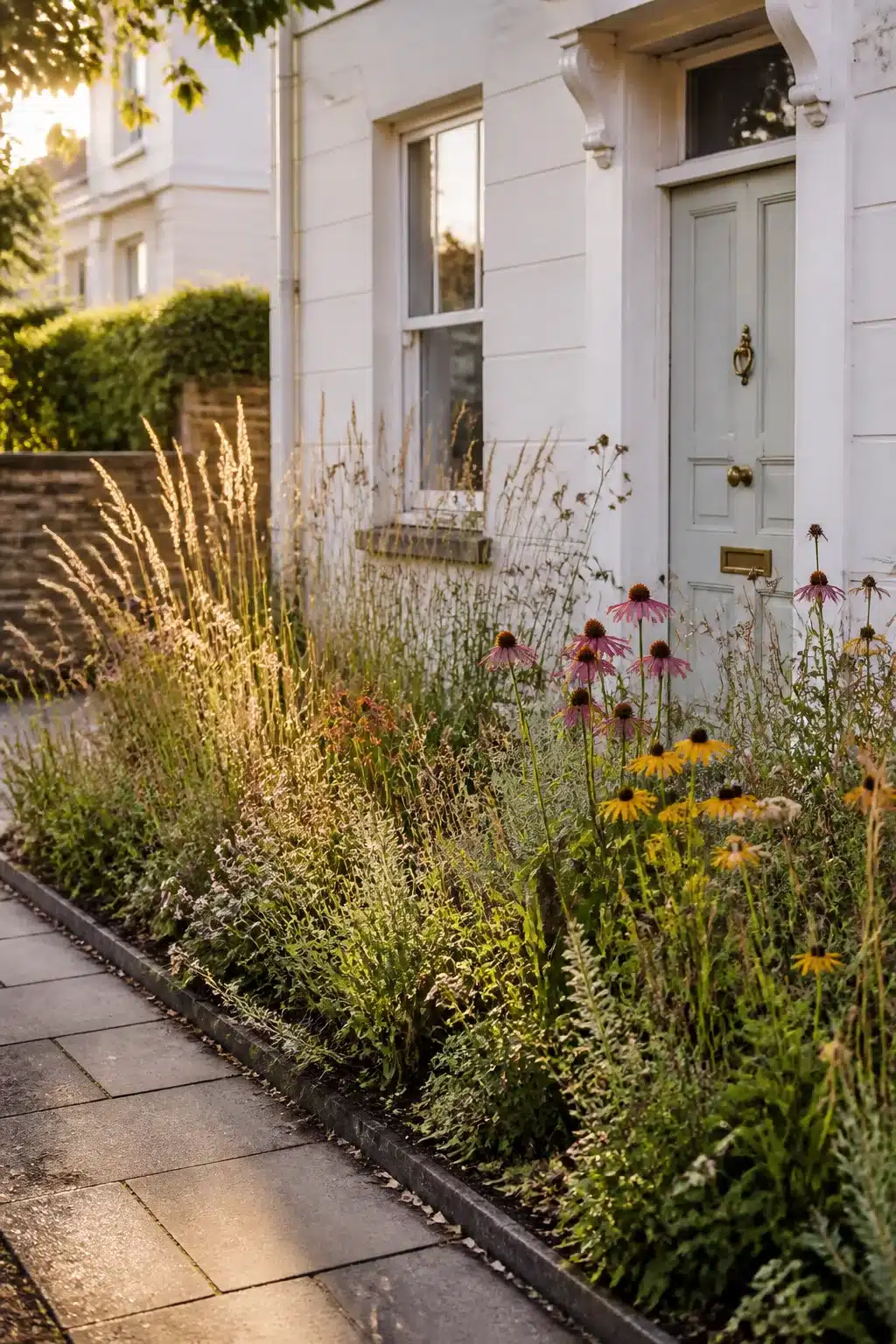 Prairie-style small front garden with echinacea and ornamental grasses in a narrow border outside a white house