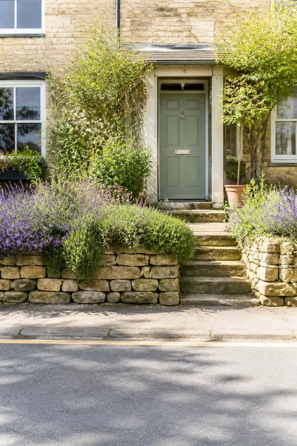 Small front garden with dry stone retaining walls, catmint planting, stone steps and sage green front door.