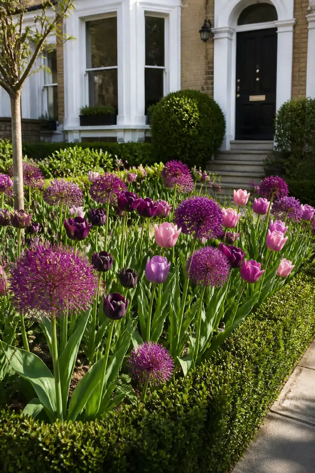 Purple alliums and tulips in a clipped box-edged small front garden with Georgian house facade behind
