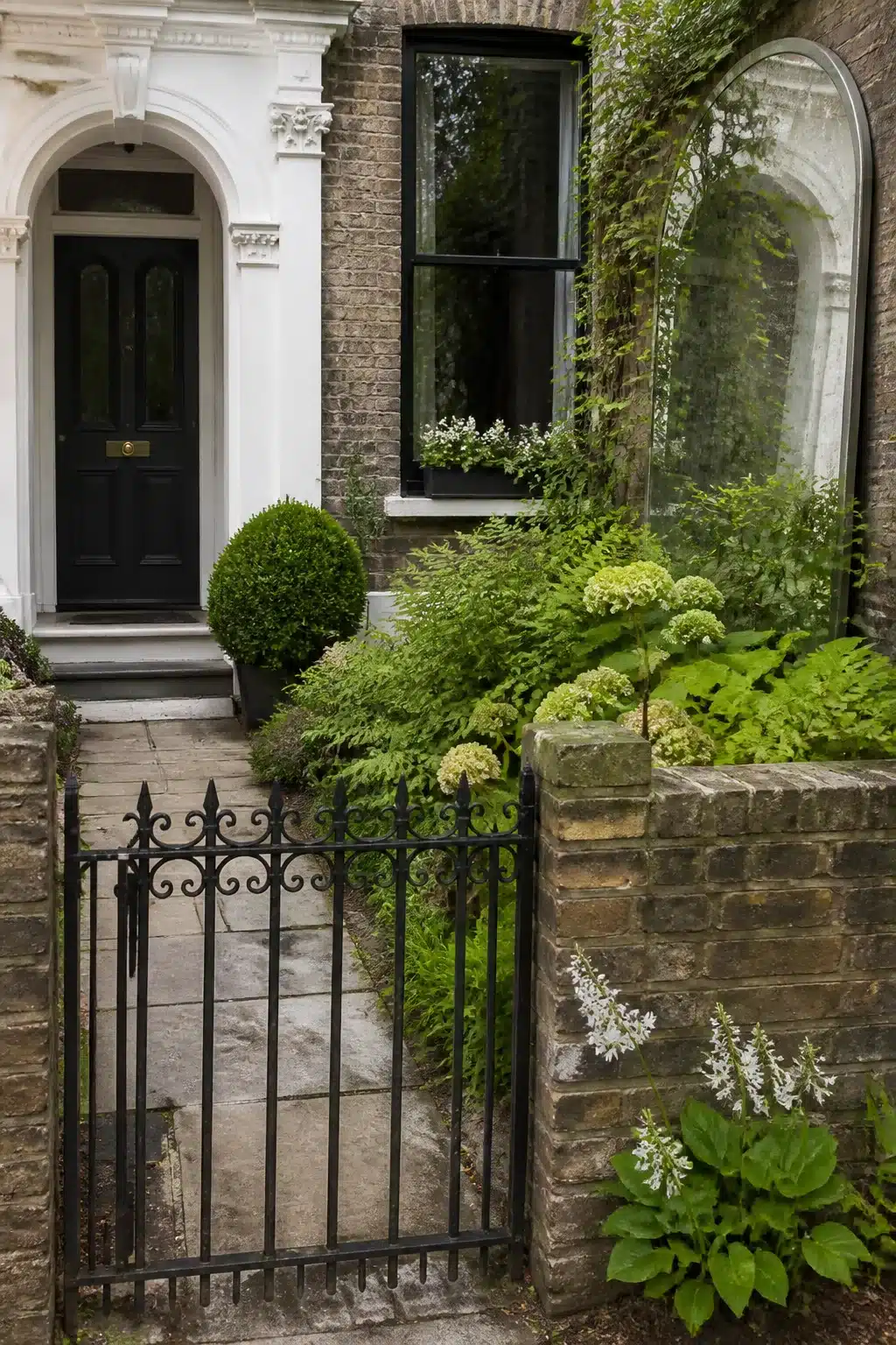 Small front garden with arched outdoor mirror, iron gate, ferns and green hydrangeas against a Victorian brick facade