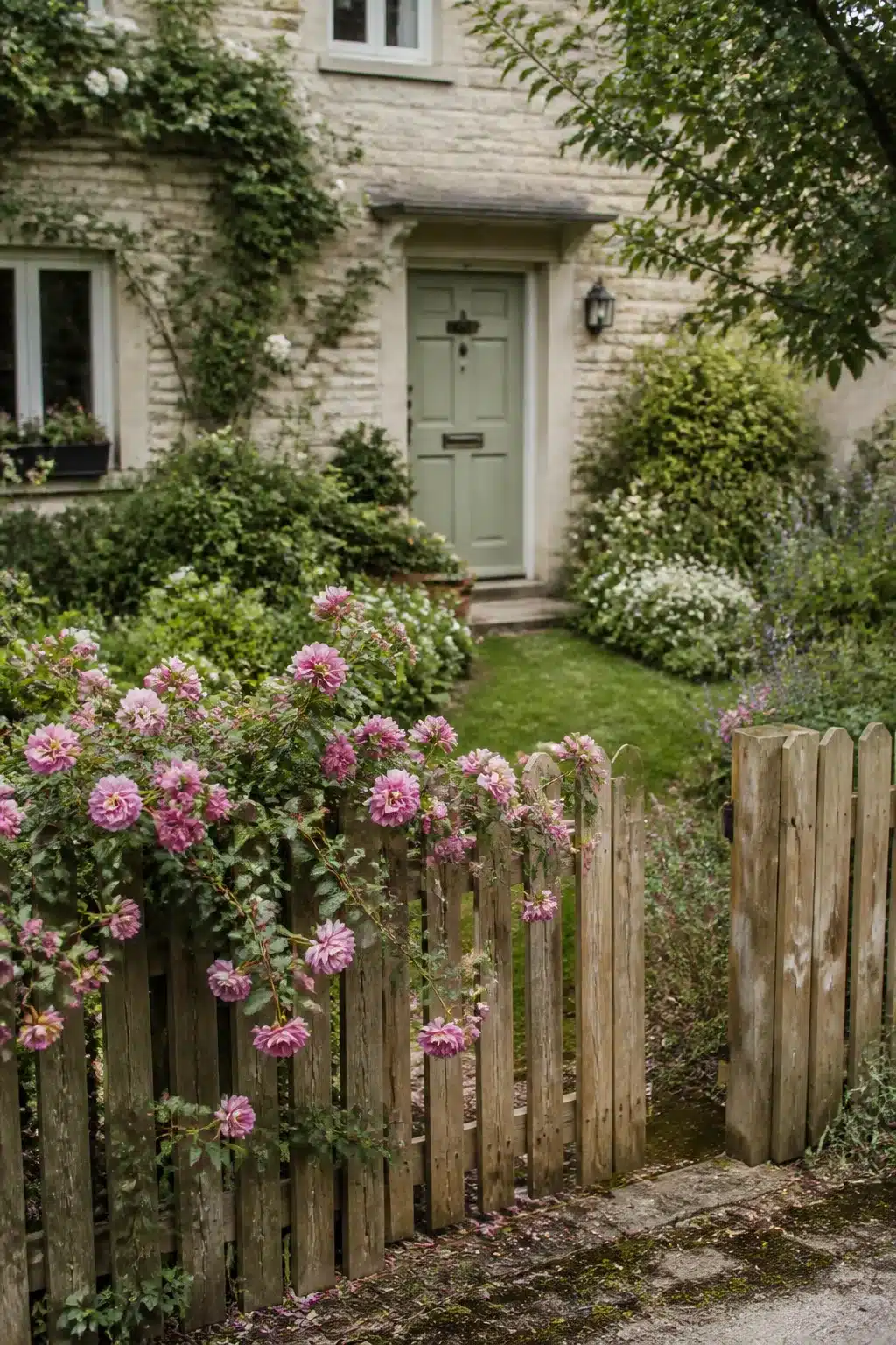 Small front garden with weathered picket gate, pink dahlias, and sage green cottage door — cottage garden ideas