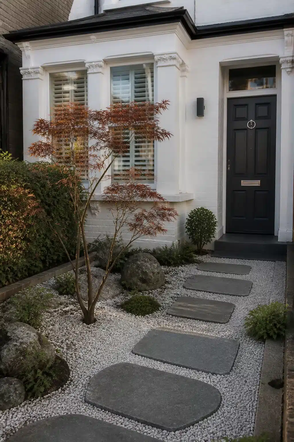 Small front garden with Japanese maple, dark slate stepping stones and white gravel leading to a black front door.