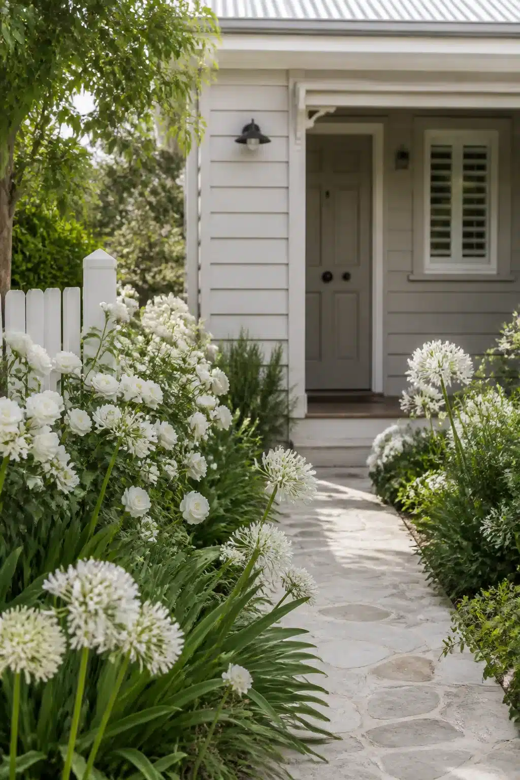 Small front garden with all-white agapanthus, dahlias, and a flagstone path leading to a gray cottage entrance.