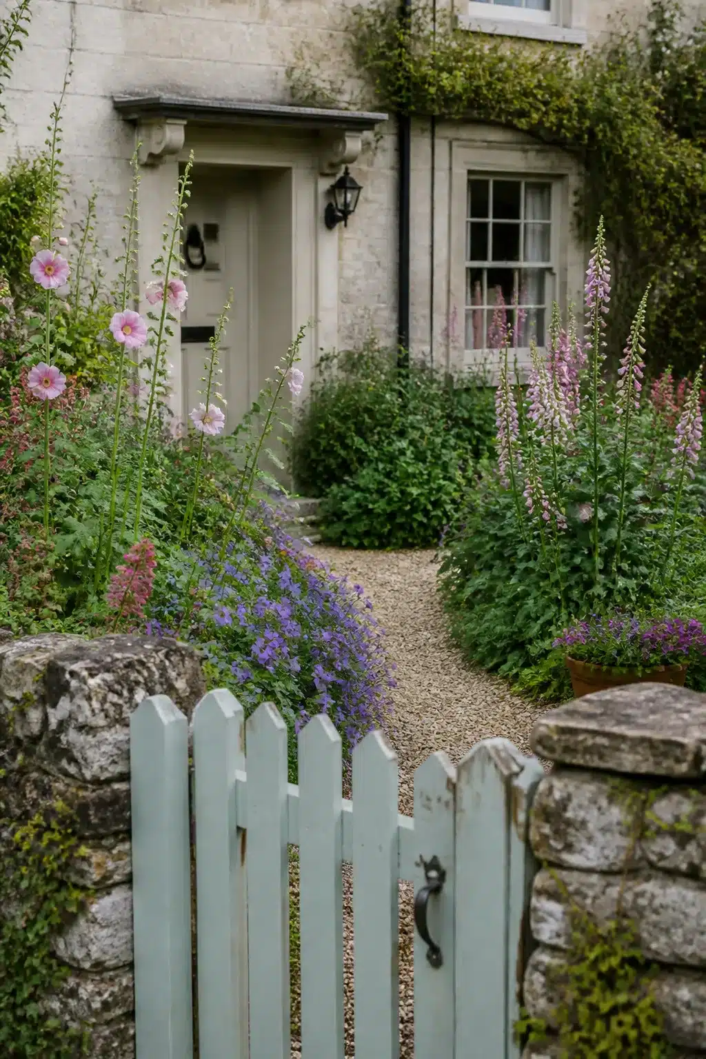 Small front garden with foxgloves, hollyhocks, gravel path and pale blue picket gate leading to cottage entrance.