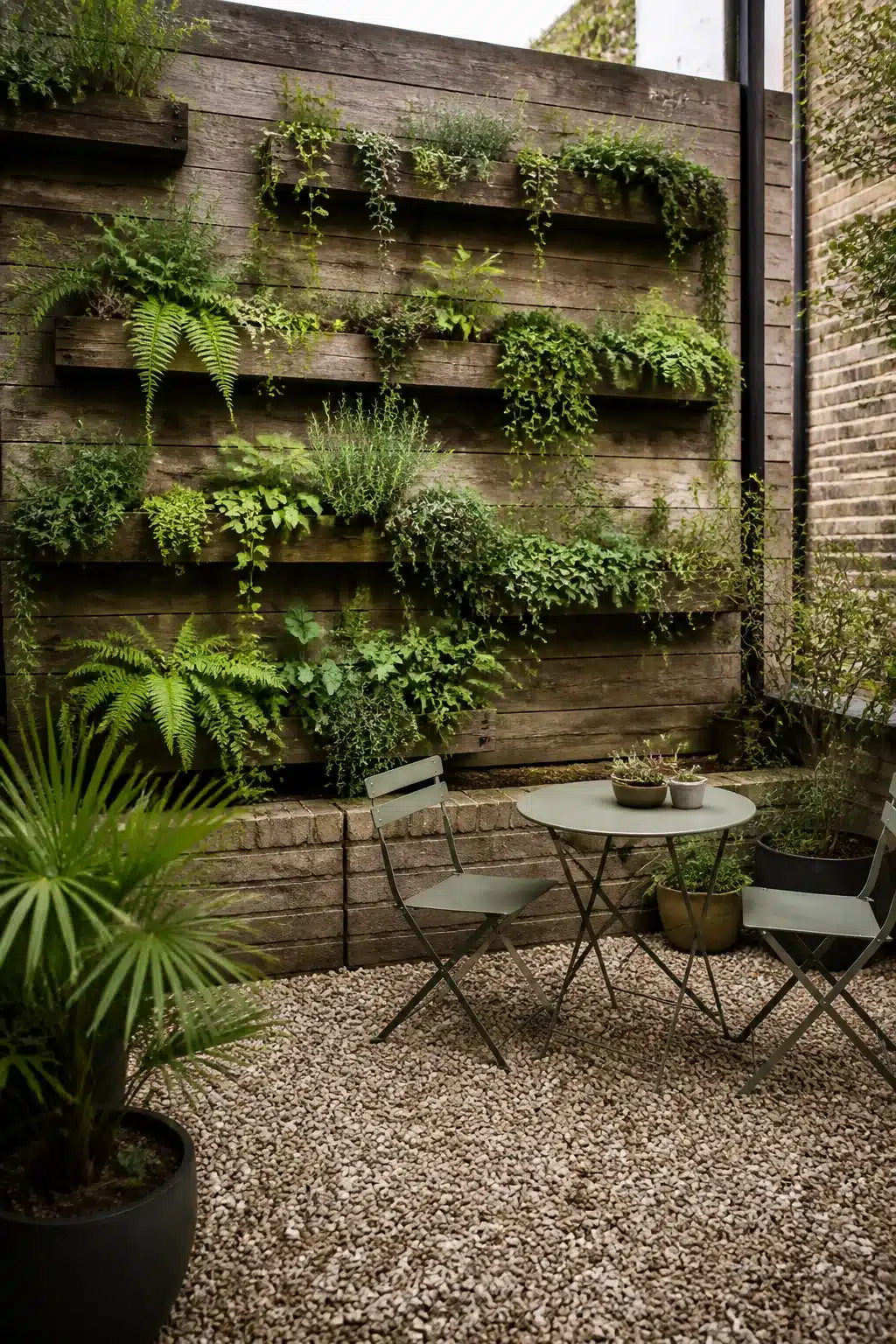 Small garden ideas: weathered timber shelf wall covered in ferns and herbs above gravel patio with bistro set