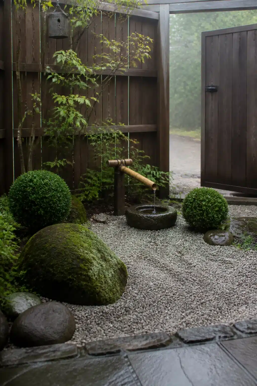 Japanese zen micro garden with bamboo water feature, raked gravel and moss rocks — Small Garden Ideas