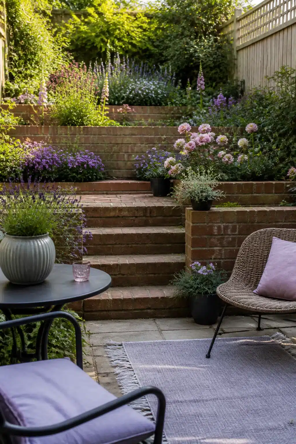 Tiered brick retaining walls with purple and pink planting in a small garden — small garden ideas for sloped yards
