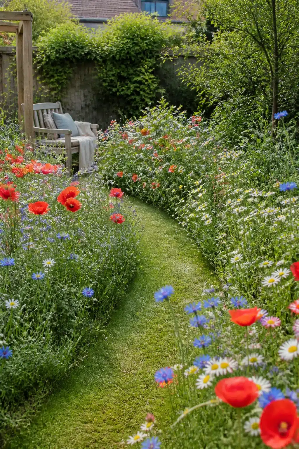Mown grass path through red poppy and cornflower wildflower borders — small garden ideas for cottage-style outdoor spaces