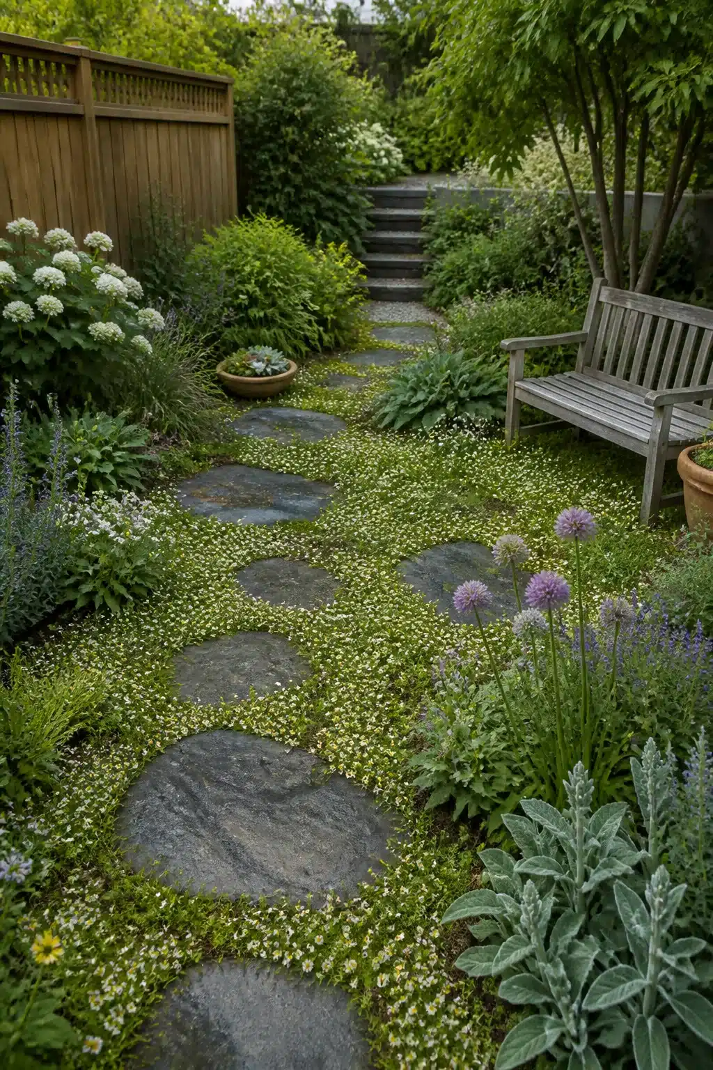 Slate stepping stones with creeping ground cover in a small garden — a low-maintenance lawn alternative idea