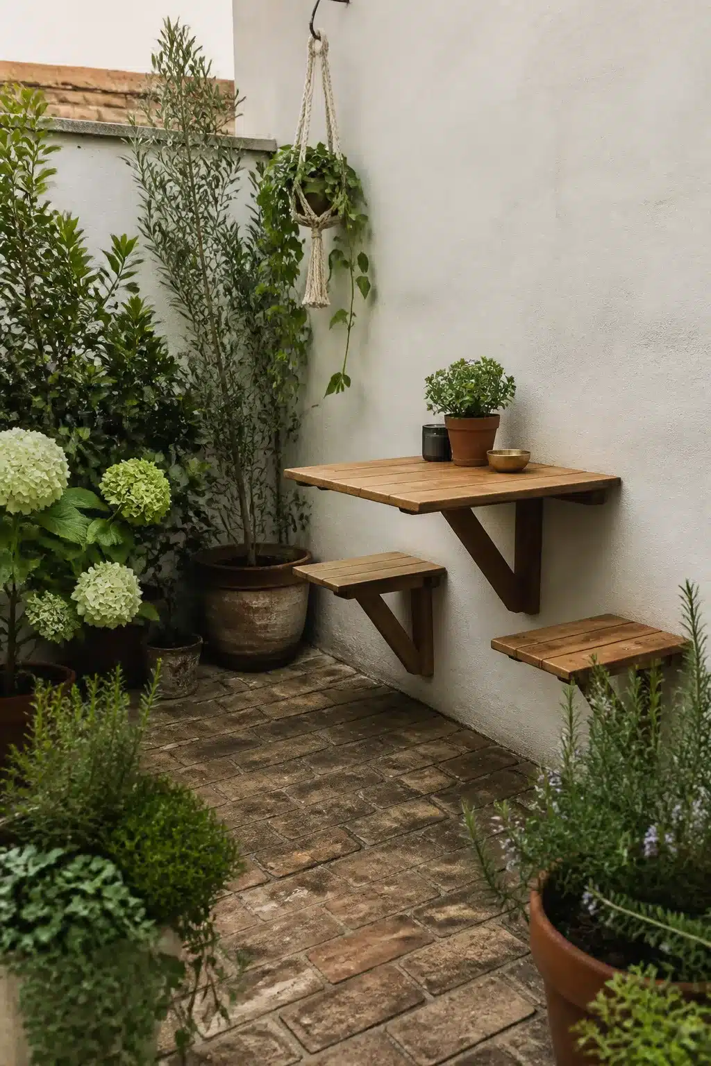 Wall-mounted fold-down timber table in a small courtyard garden — small garden ideas for tight outdoor spaces