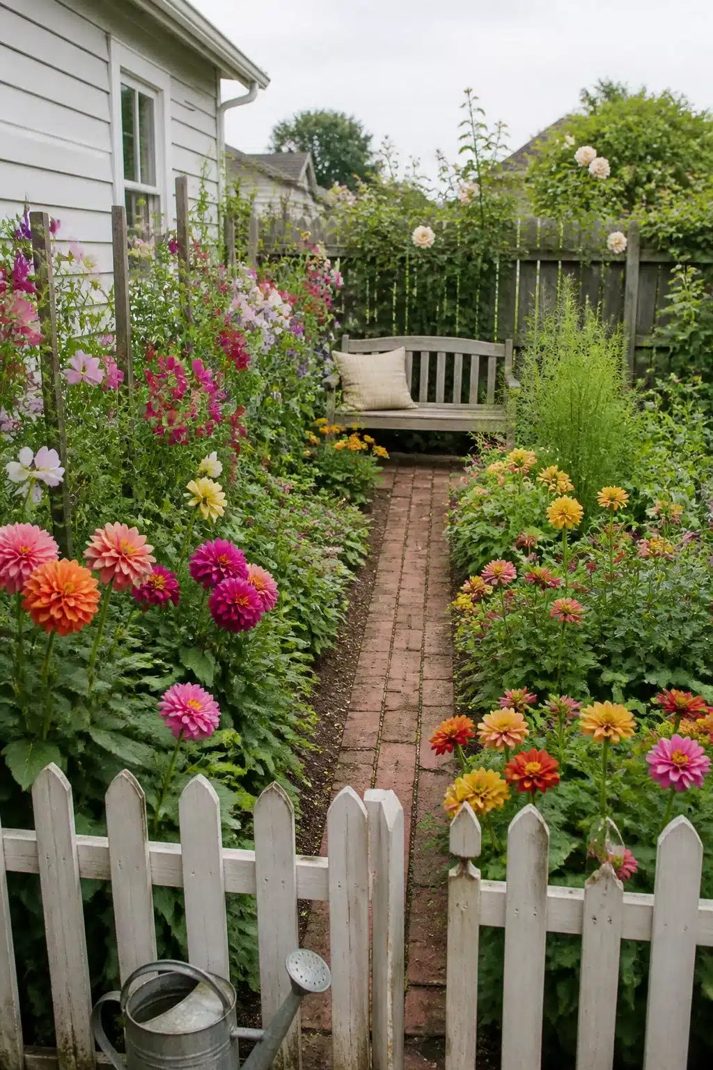 Narrow brick path lined with colorful dahlias behind a white picket fence — small garden ideas for cutting gardens