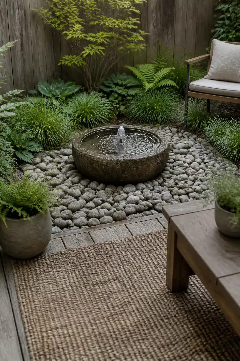 Small garden ideas with a stone bowl fountain, river rock surround, ferns, and jute rug on a wood deck.