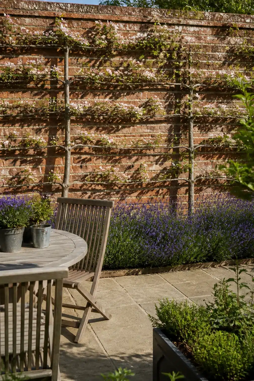 Small garden ideas with espaliered fruit trees on a brick wall, lavender border, and teak patio furniture.