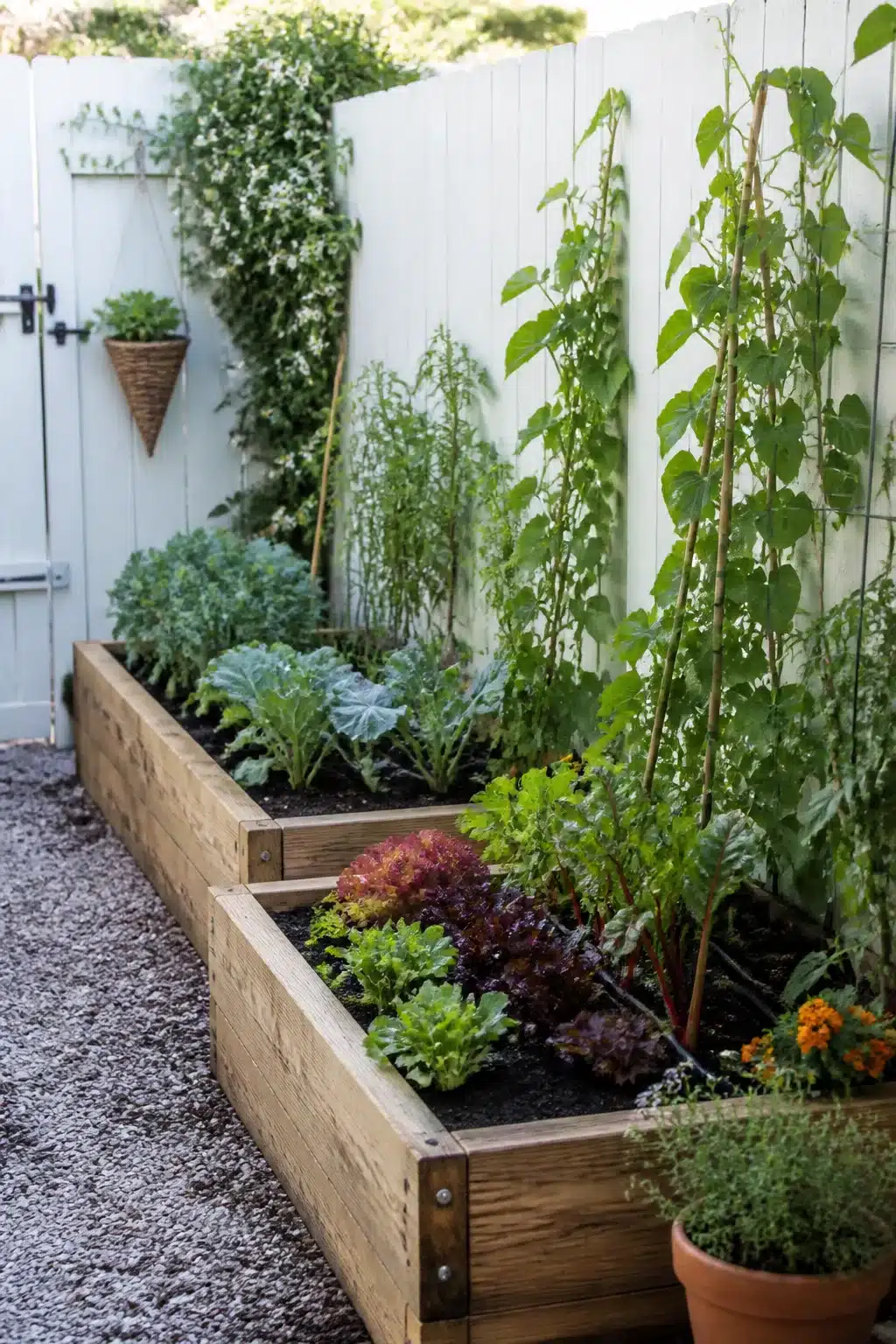 Stepped timber raised beds with salad crops and climbing beans — small garden ideas for narrow spaces