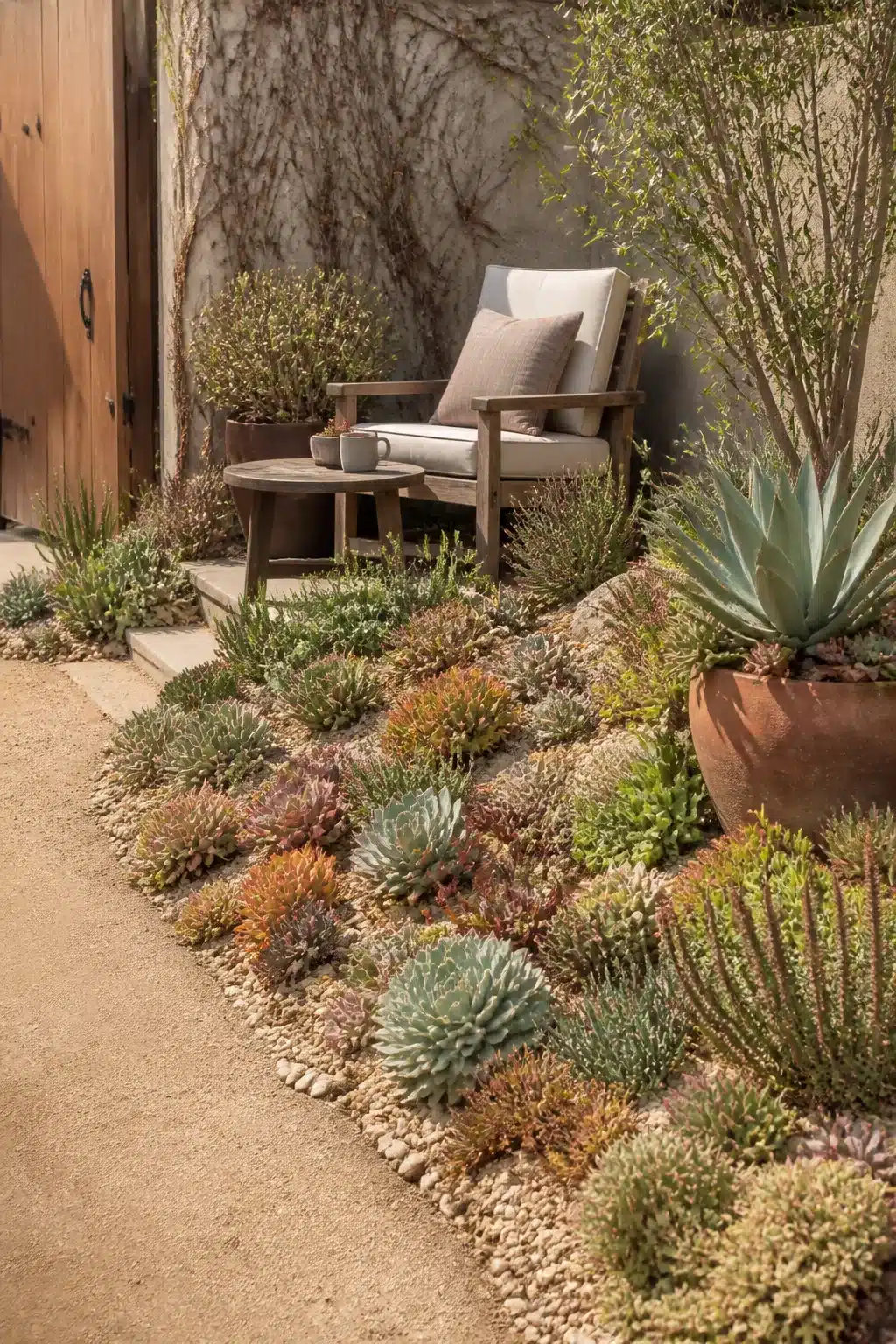 Small garden ideas: low-maintenance succulent border with pea gravel path and terracotta pot seating nook.