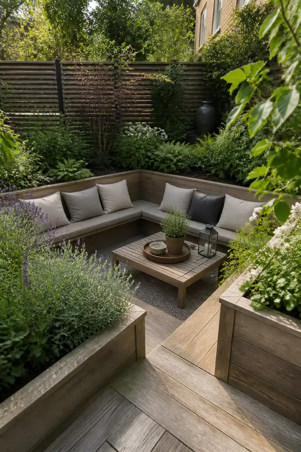 Sunken seating area with built-in timber bench and gravel floor — small garden ideas for compact outdoor spaces