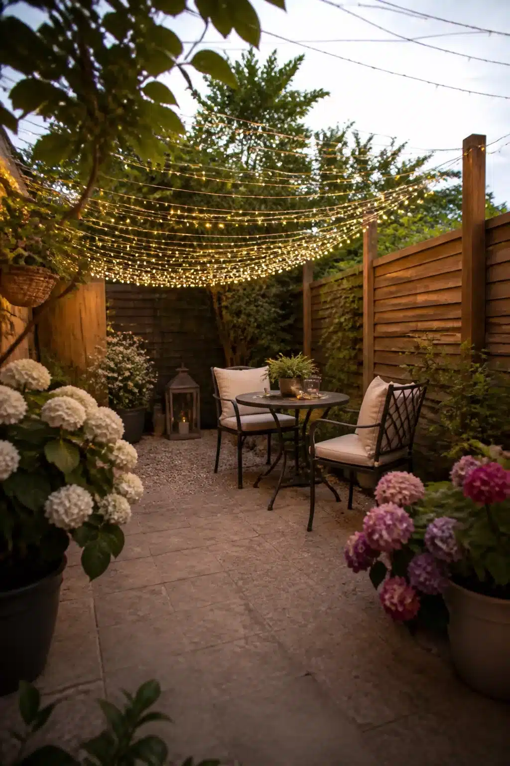 Small garden ideas: fairy light canopy over a cozy patio with hydrangea pots and wrought-iron bistro set.