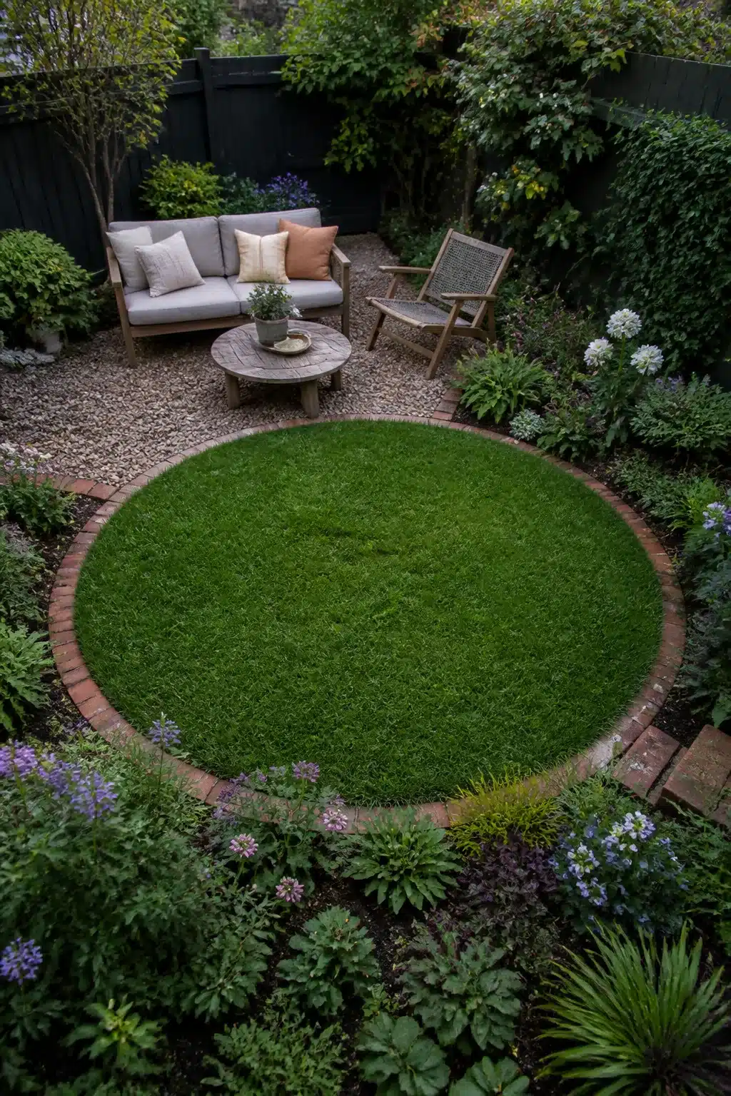 Aerial view of a small garden with a brick-edged circular lawn and gravel seating area — Small Garden Ideas