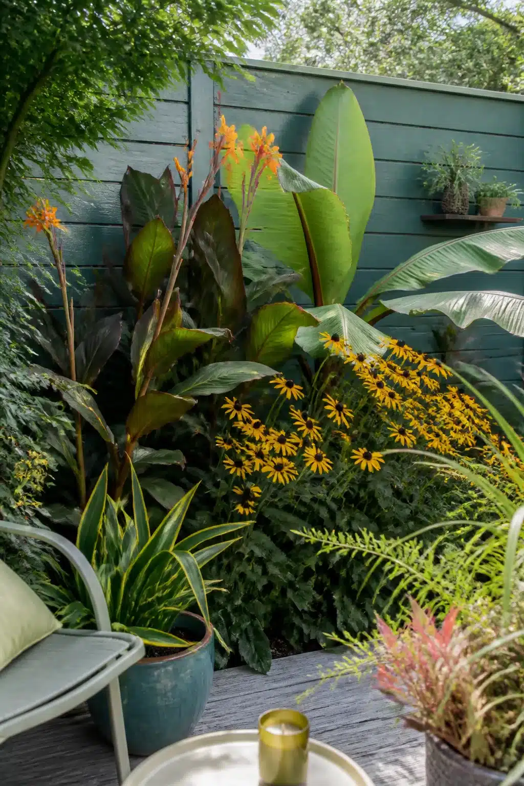 Small garden ideas: teal fence with tropical canna lilies, banana plant and black-eyed Susans on a timber deck