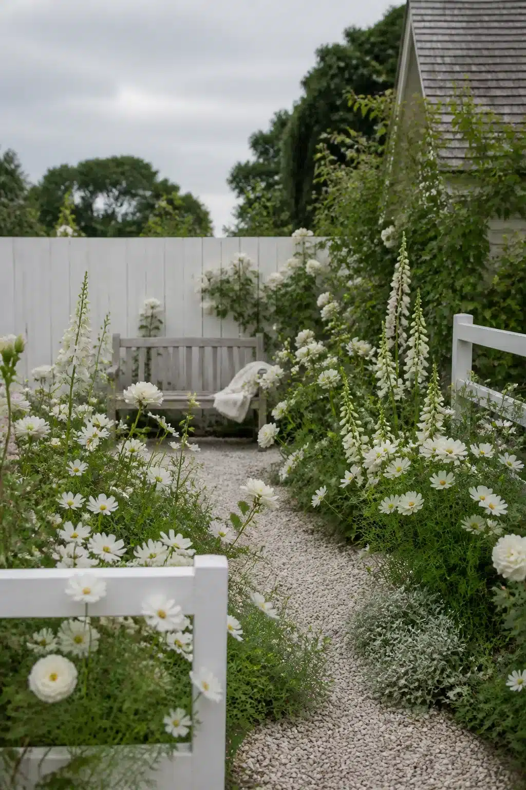 All-white flower garden with pea gravel path and bench — small garden ideas with monochrome planting design