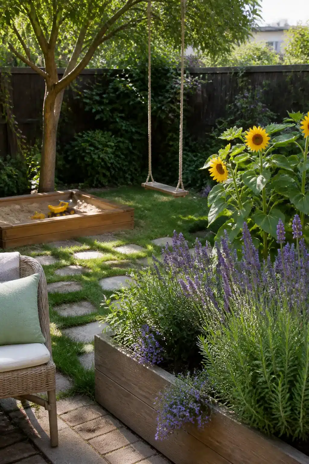 Small garden ideas with rope swing, timber sandbox, raised lavender planter and sunflowers in a family backyard