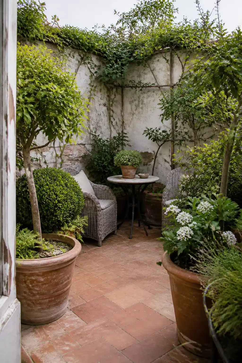 Small garden ideas: terracotta tiled courtyard with wicker chairs, large terracotta pots, and climbing plants on white walls.