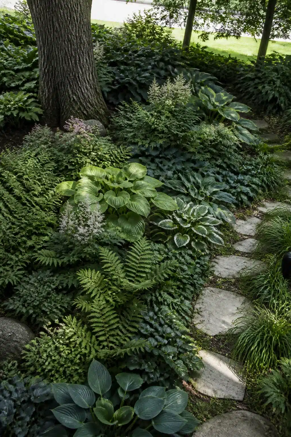 Layered hosta and fern shade garden under a tree with stepping stone path — small garden ideas
