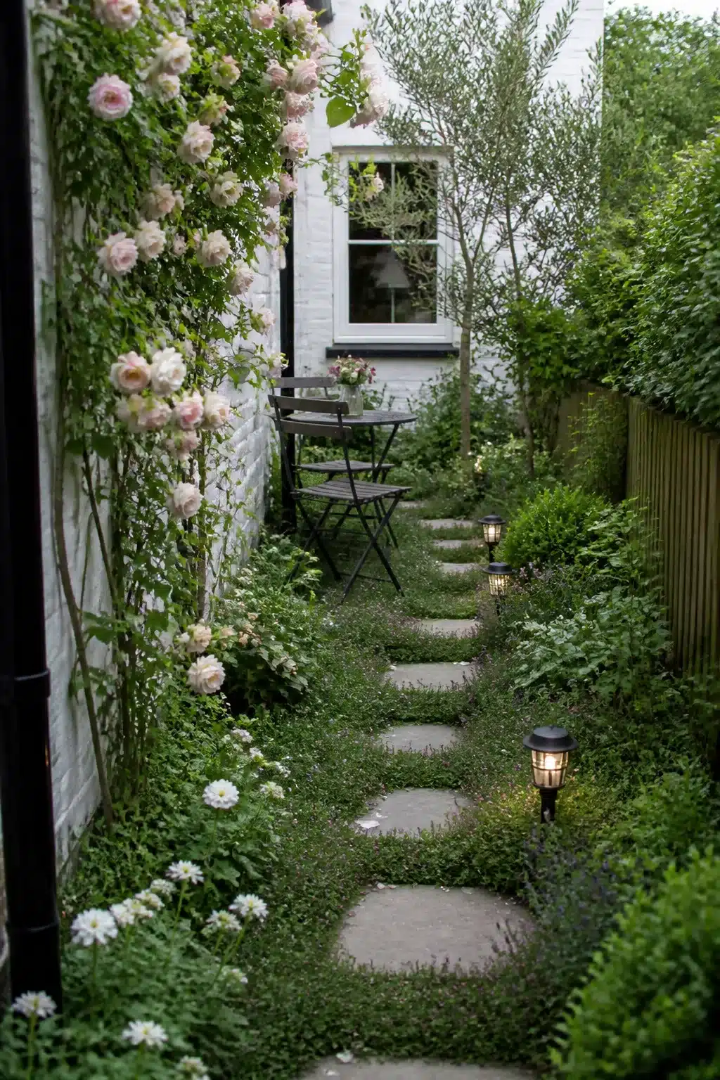 Narrow side garden with blush climbing roses, stepping stone path and solar lights — small garden ideas