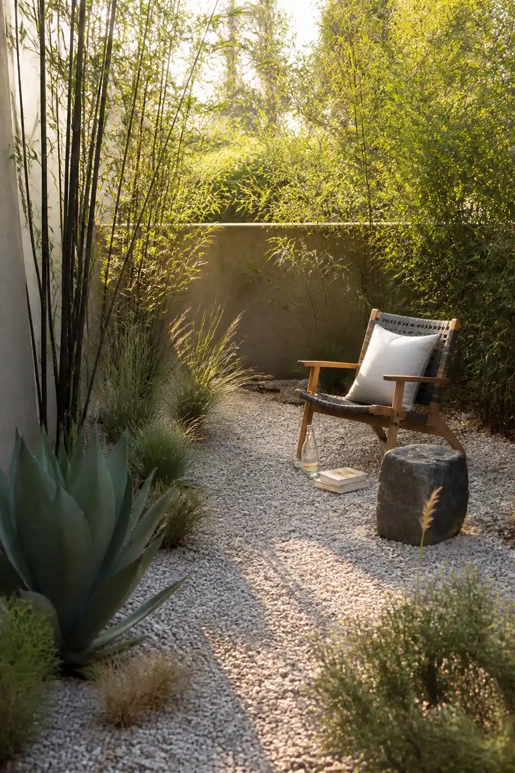Small garden idea with gravel floor, agave, ornamental grasses, and a teak chair in a walled outdoor space.