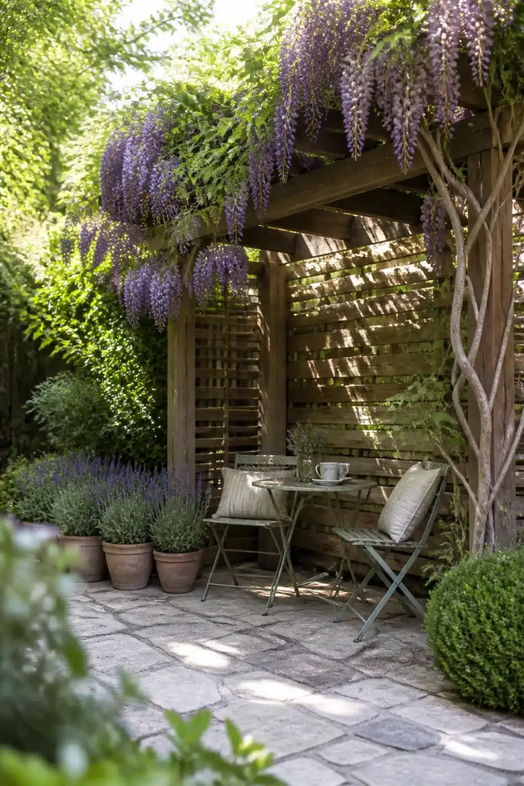 Corner pergola with wisteria and sage green bistro set — small garden ideas for a cozy seating nook