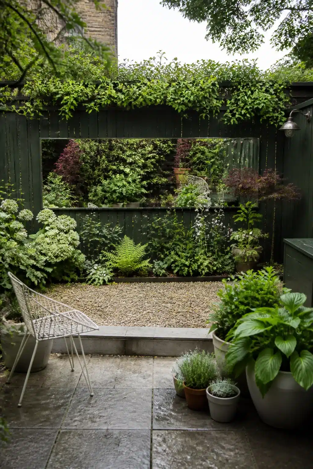 Large garden mirror on dark green fence doubling depth — small garden ideas for compact outdoor spaces