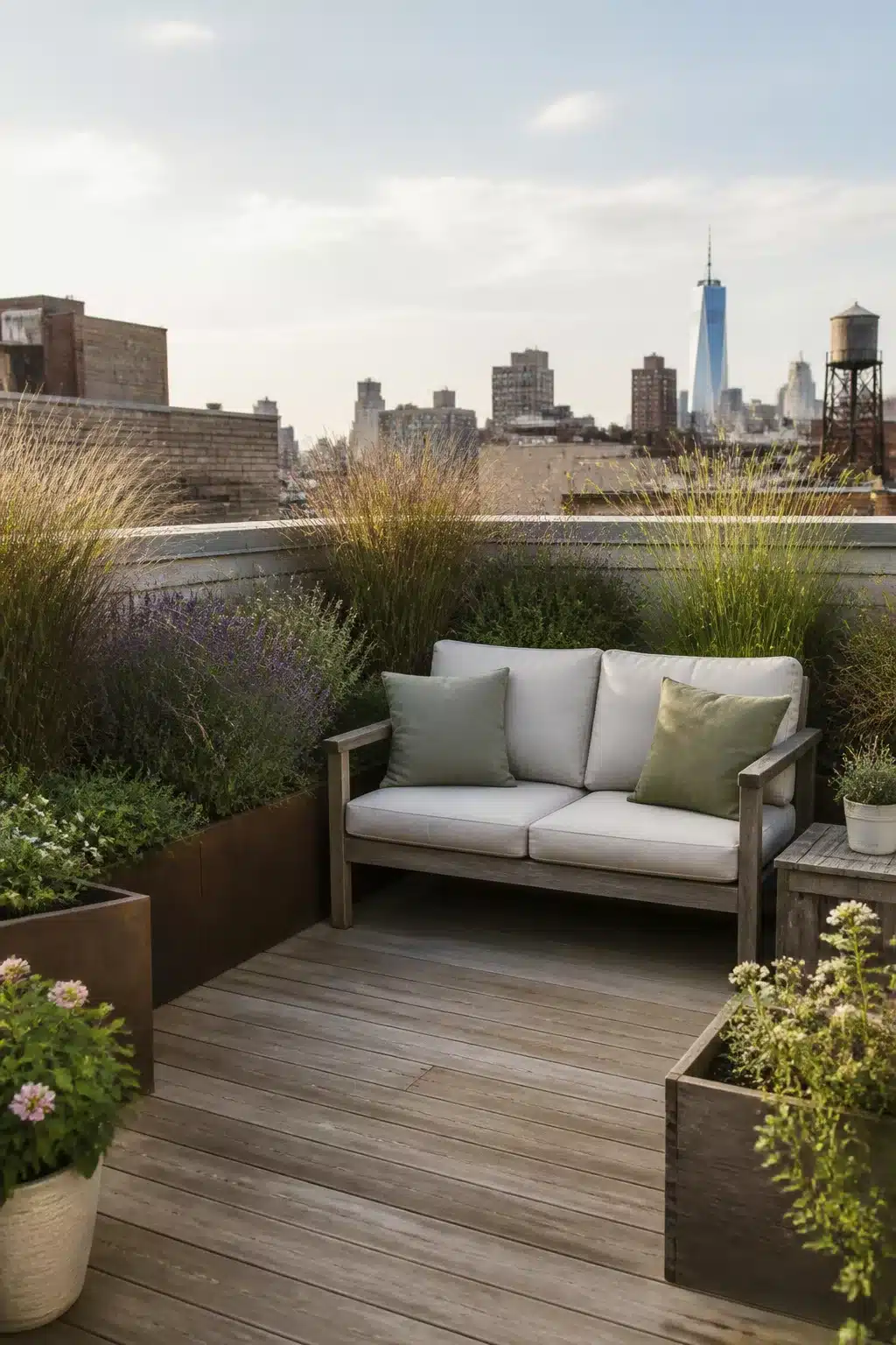 Rooftop small garden ideas with hardwood decking, Corten steel planters, ornamental grasses and city skyline views