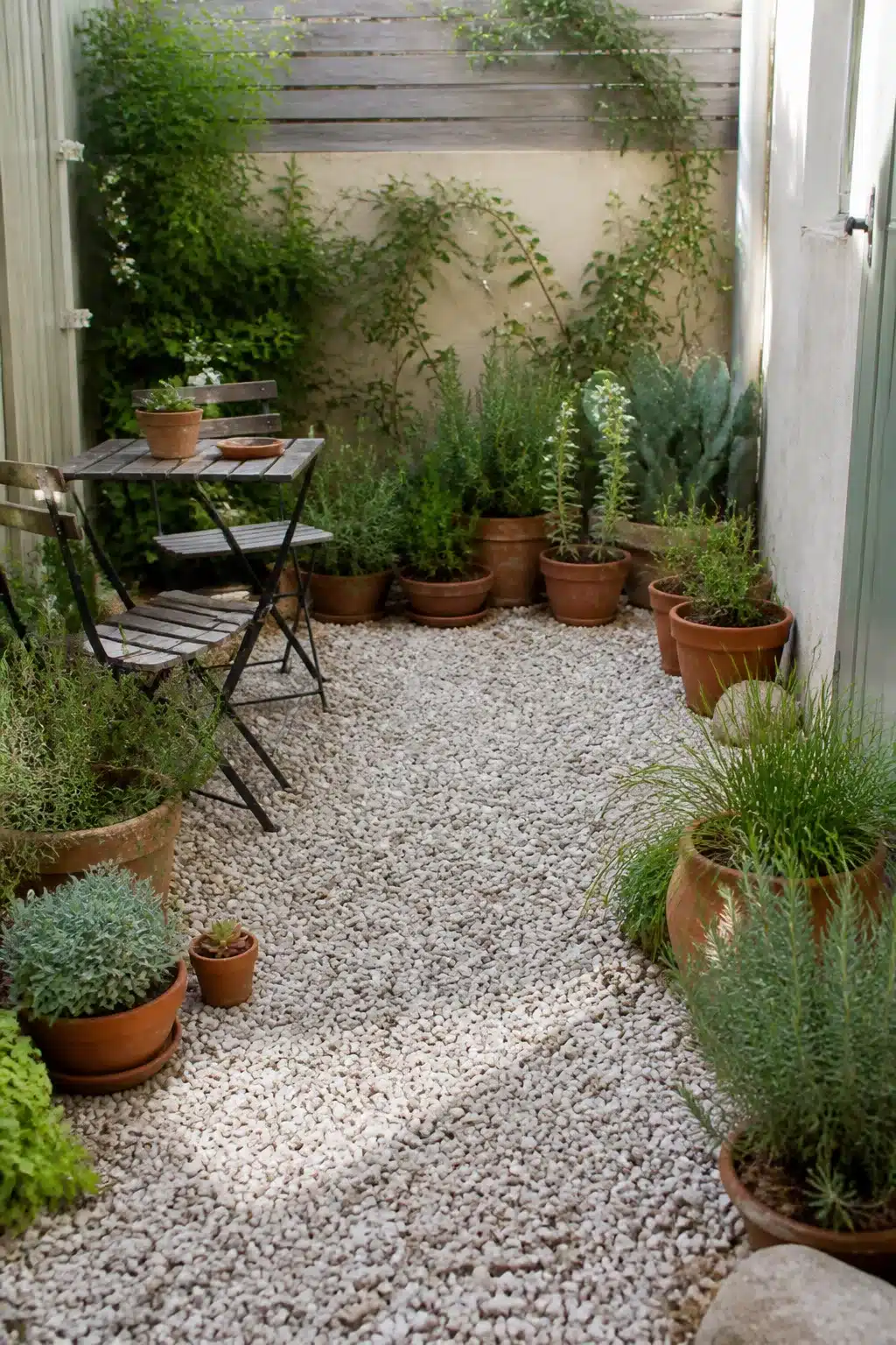 Small garden ideas on a budget using white gravel ground cover, terracotta pots, and a folding bistro set in a tiny courtyard.