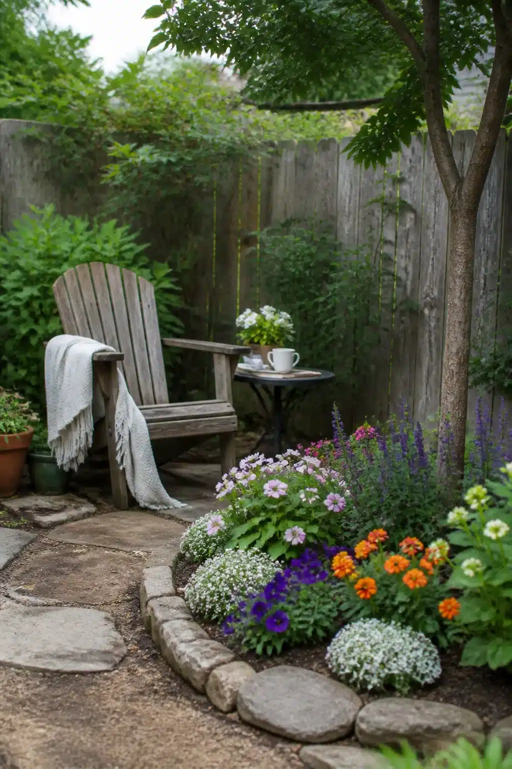 Small garden ideas on a budget with a stone-edged curved flower bed, Adirondack chair, and colorful annuals on a flagstone patio.