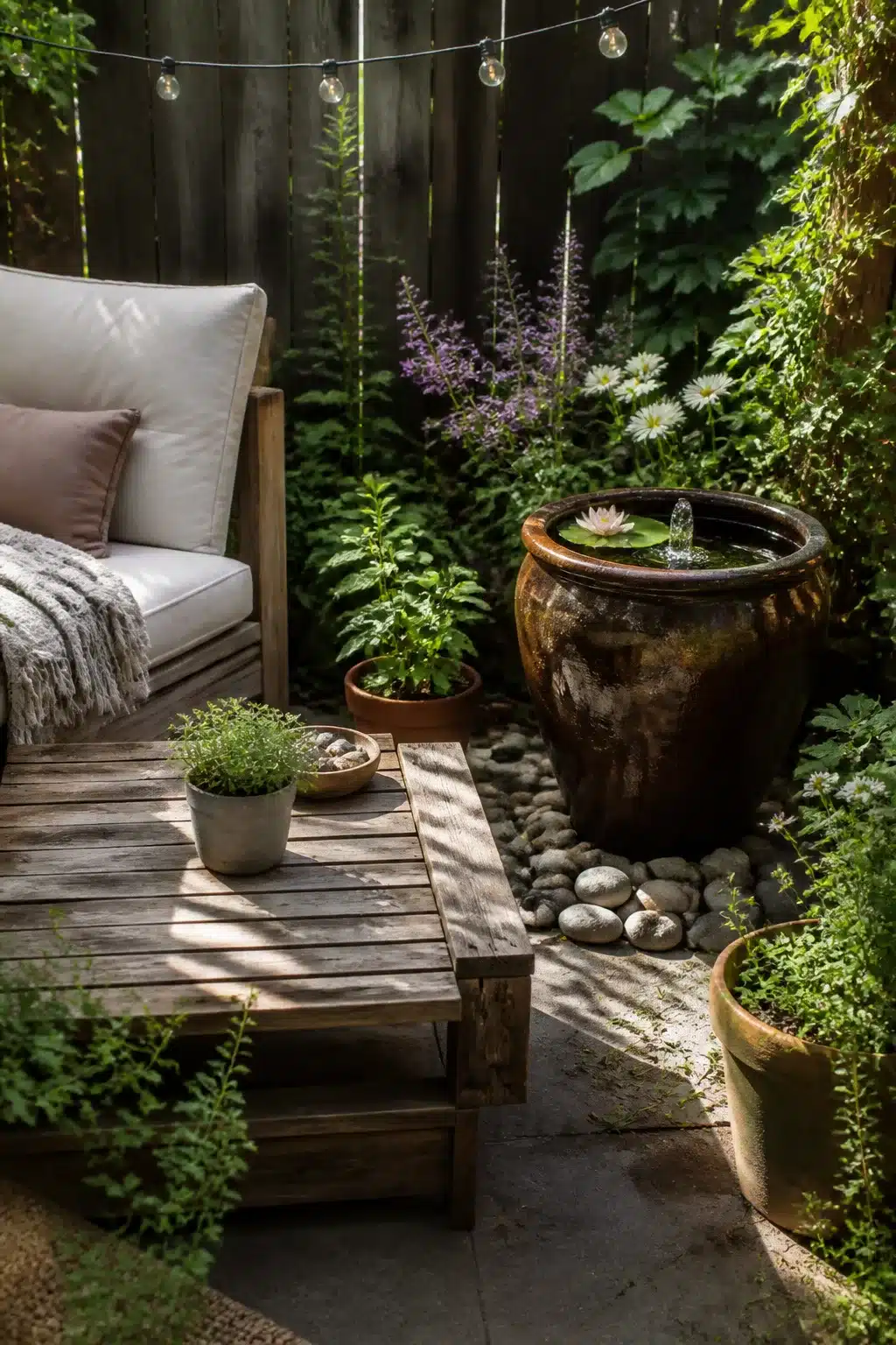 Small garden ideas on a budget featuring a dark ceramic pot fountain with river stones and lush greenery in a cozy corner