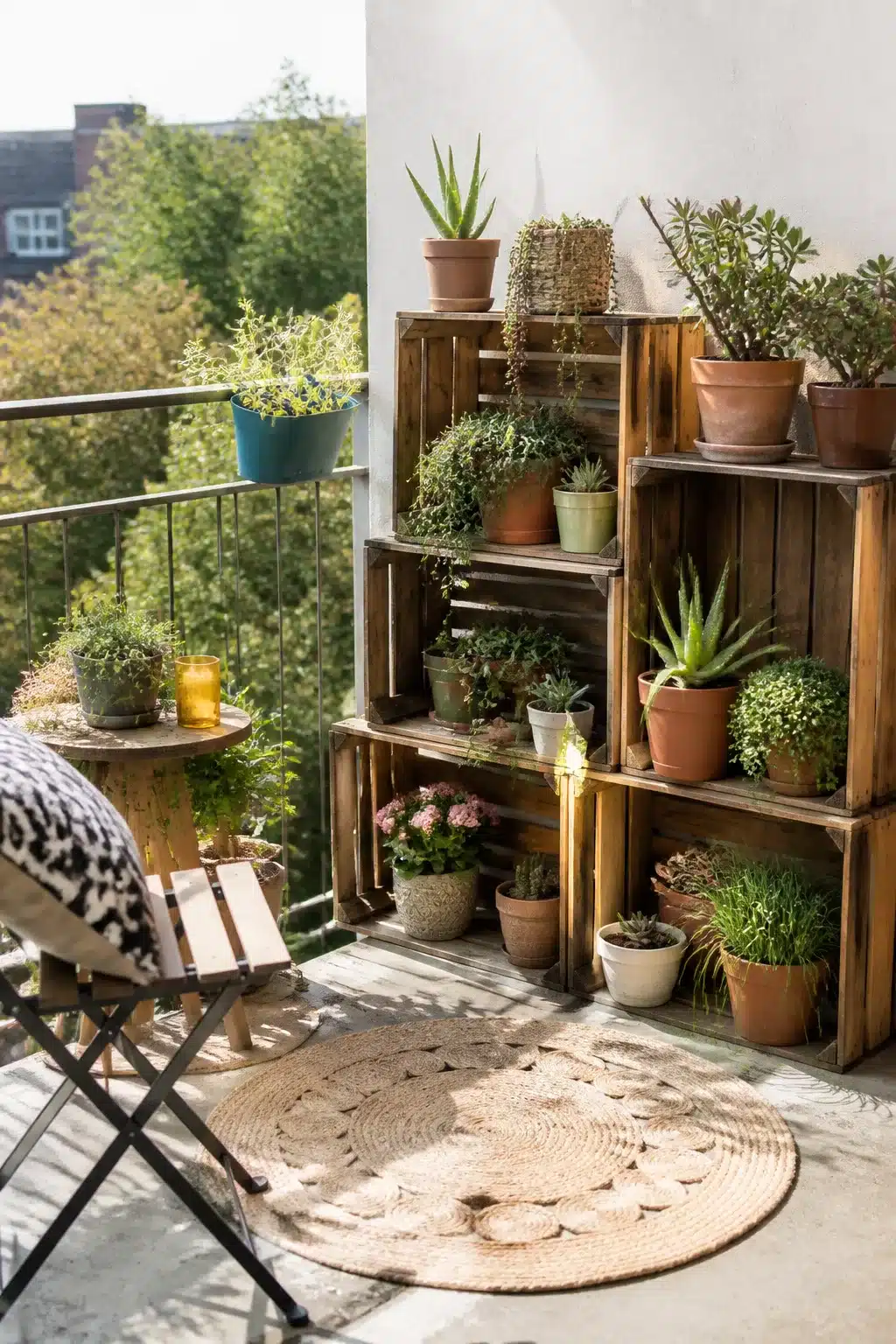 Stacked wooden crates used as plant shelving on a small balcony — small garden ideas on a budget.