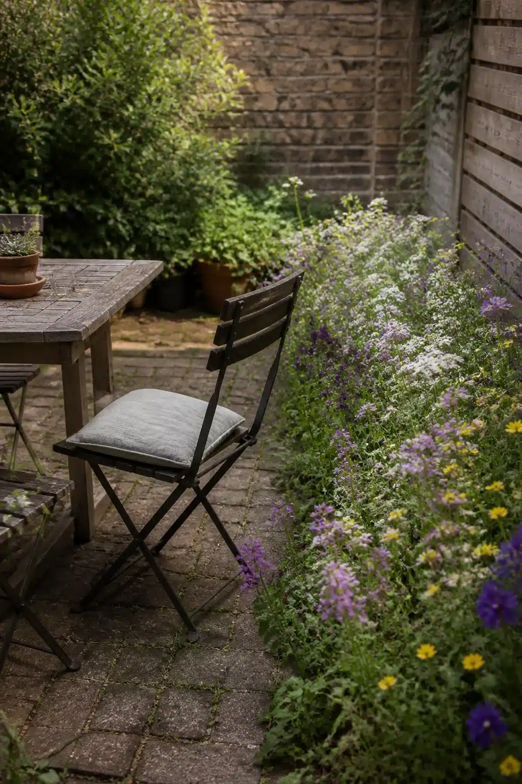 Cobblestone patio with a wildflower border strip — small garden ideas on a budget using cheap seed mixes.