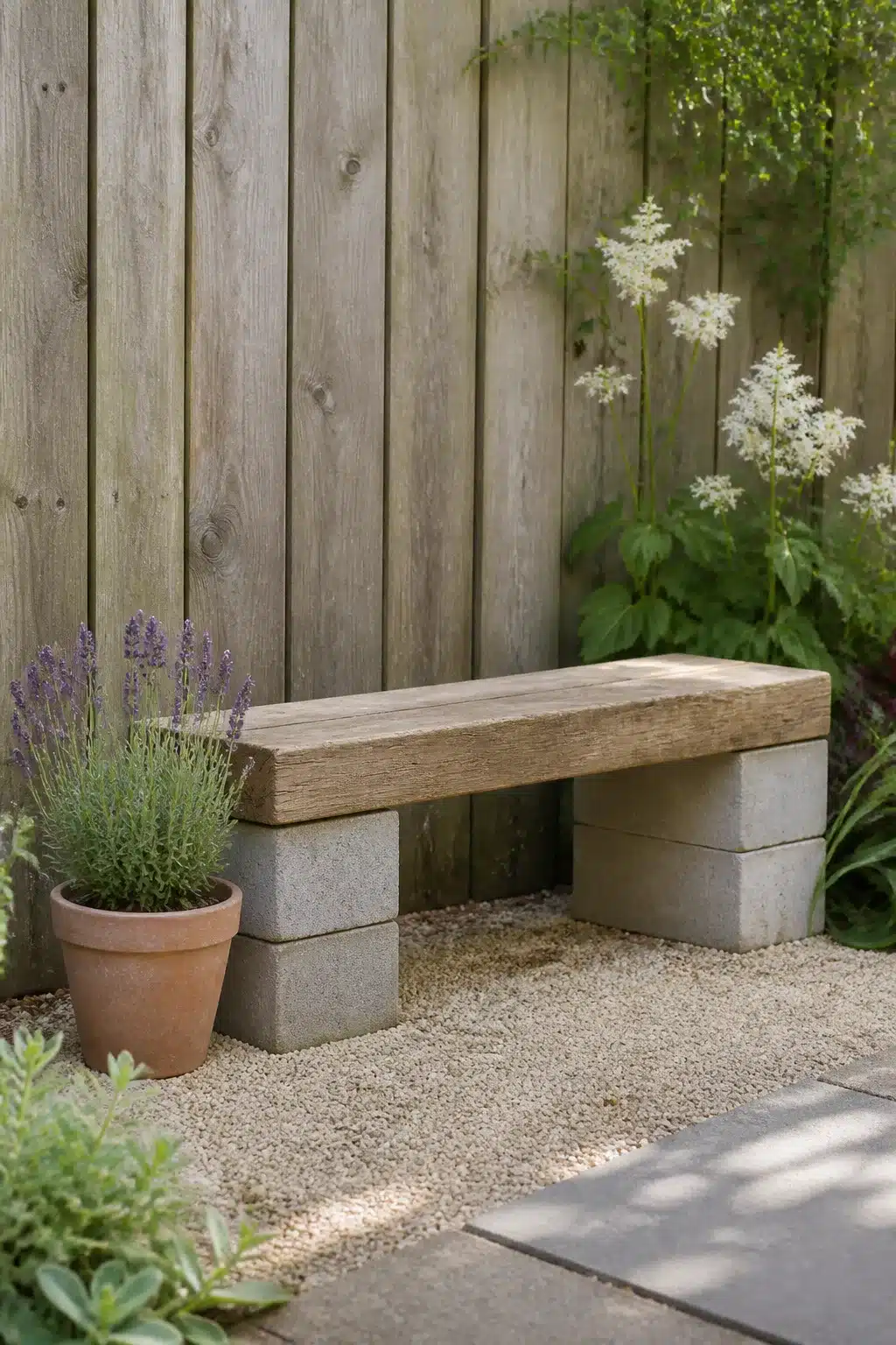 DIY cinder block and timber plank bench in a small garden — budget-friendly outdoor seating idea with gravel and lavender