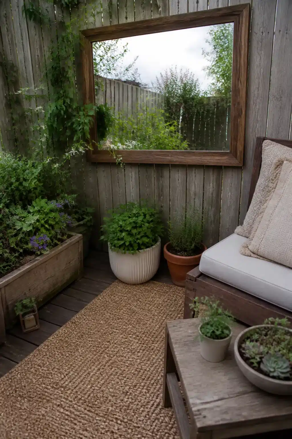 Small garden ideas on a budget — wooden-framed mirror on fence with jute rug and lush potted plants on a compact deck.