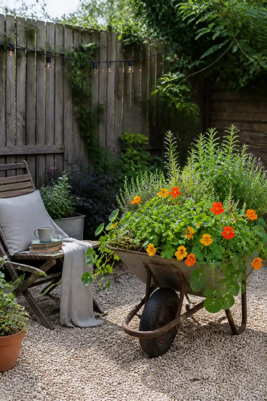 Rusty wheelbarrow planted with nasturtiums and herbs in a small garden — budget-friendly outdoor space idea.