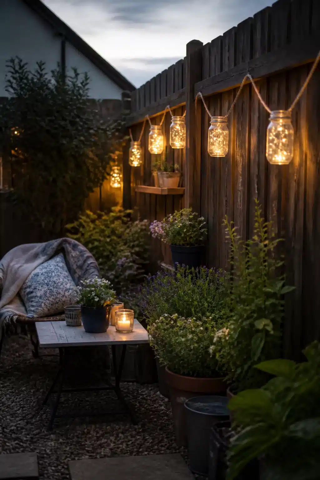 Small garden ideas on a budget with mason jar fairy lights strung on a timber fence over gravel and potted plants at dusk.