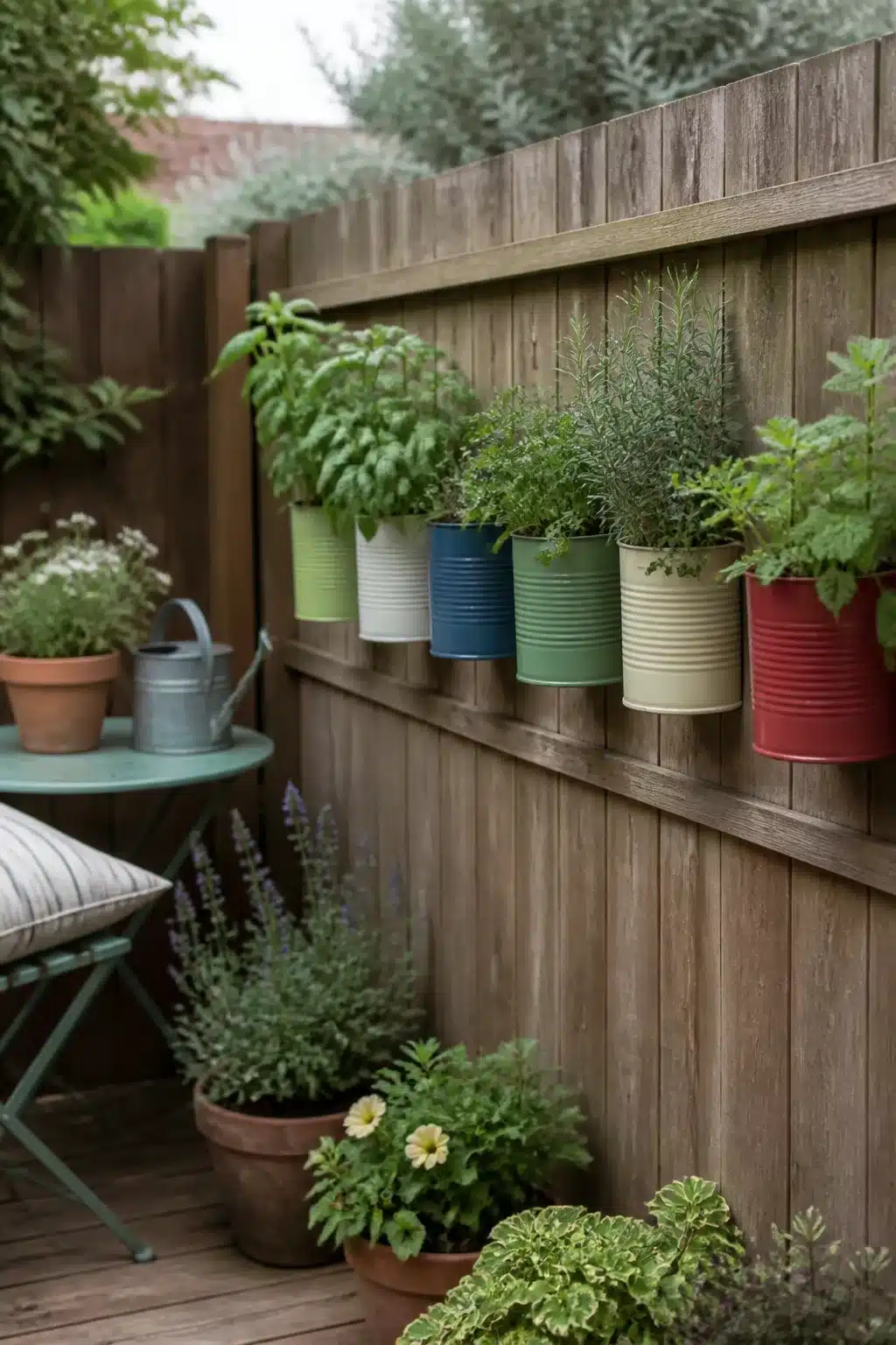 Painted tin can herb garden mounted on wooden fence — small garden ideas on a budget using upcycled containers.