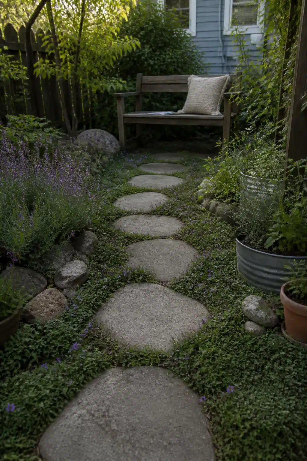 DIY concrete stepping stone path through a small garden on a budget with lavender and creeping ground cover