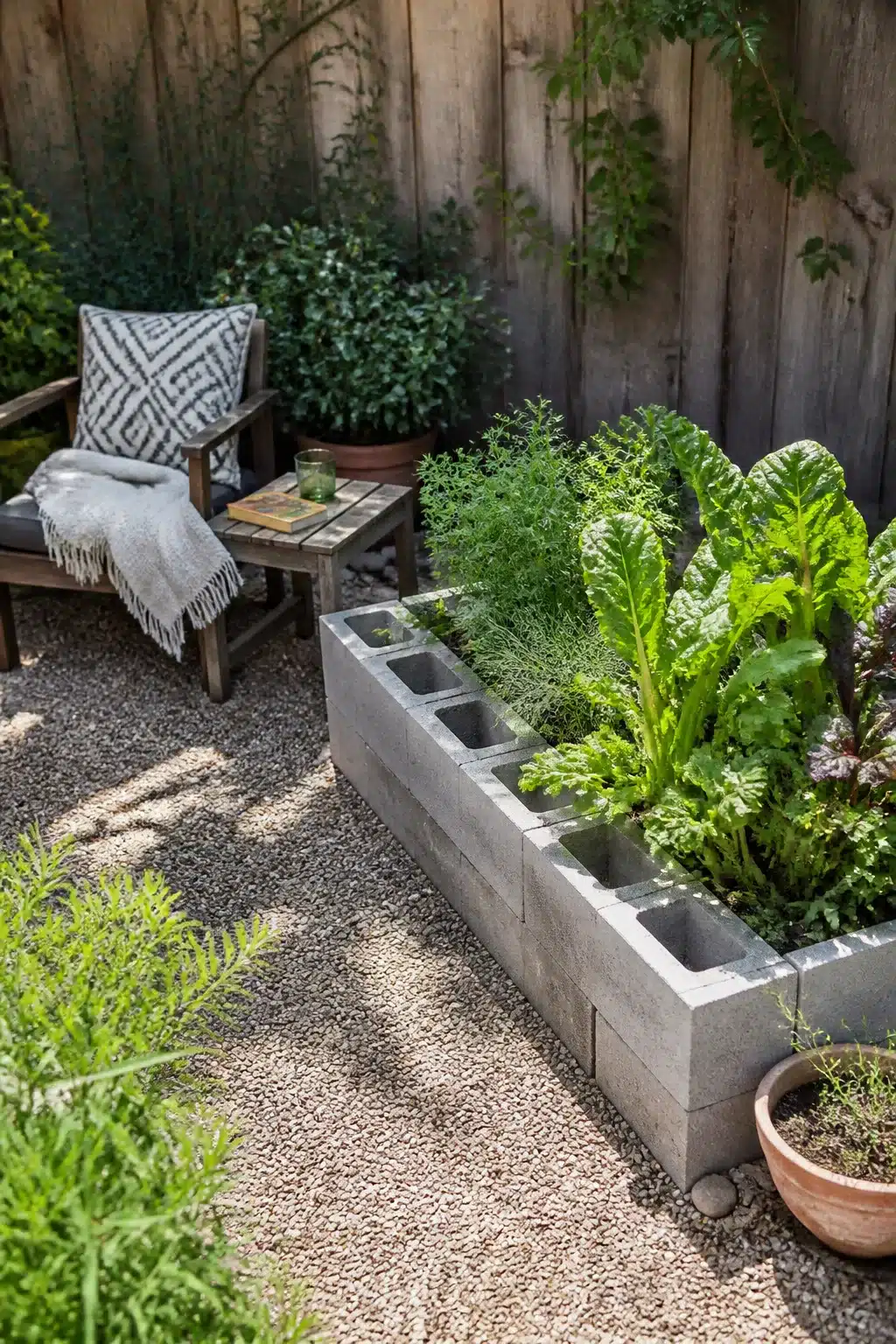 Cinder block raised vegetable bed in a small backyard — small garden ideas on a budget with gravel ground cover.