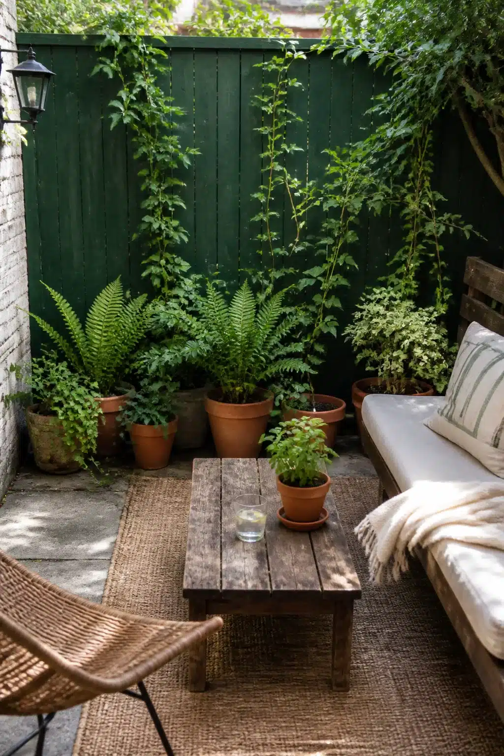 Small garden ideas on a budget with a dark green painted fence, climbing plants, and terracotta pot ferns on a patio.