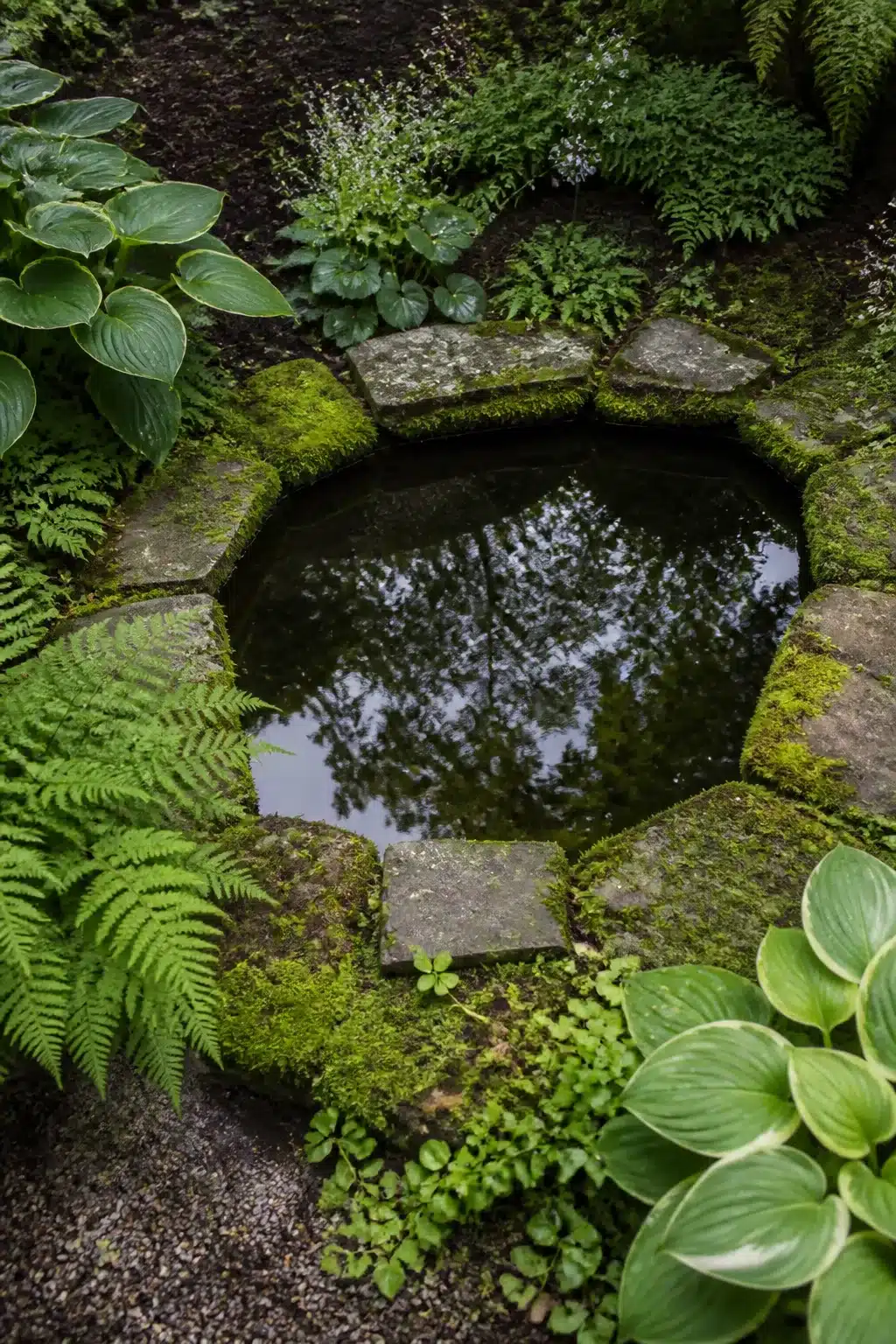 Moss-covered stone surround small garden pond with ferns and hostas — naturalistic water feature idea