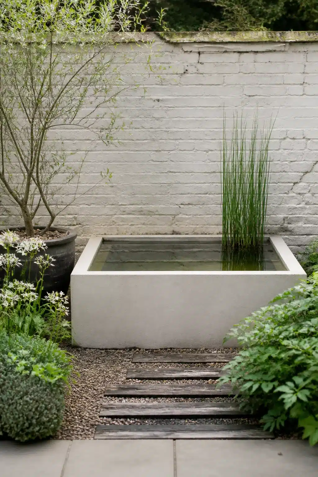 Rendered concrete raised small garden pond with rushes and gravel path in a walled urban courtyard