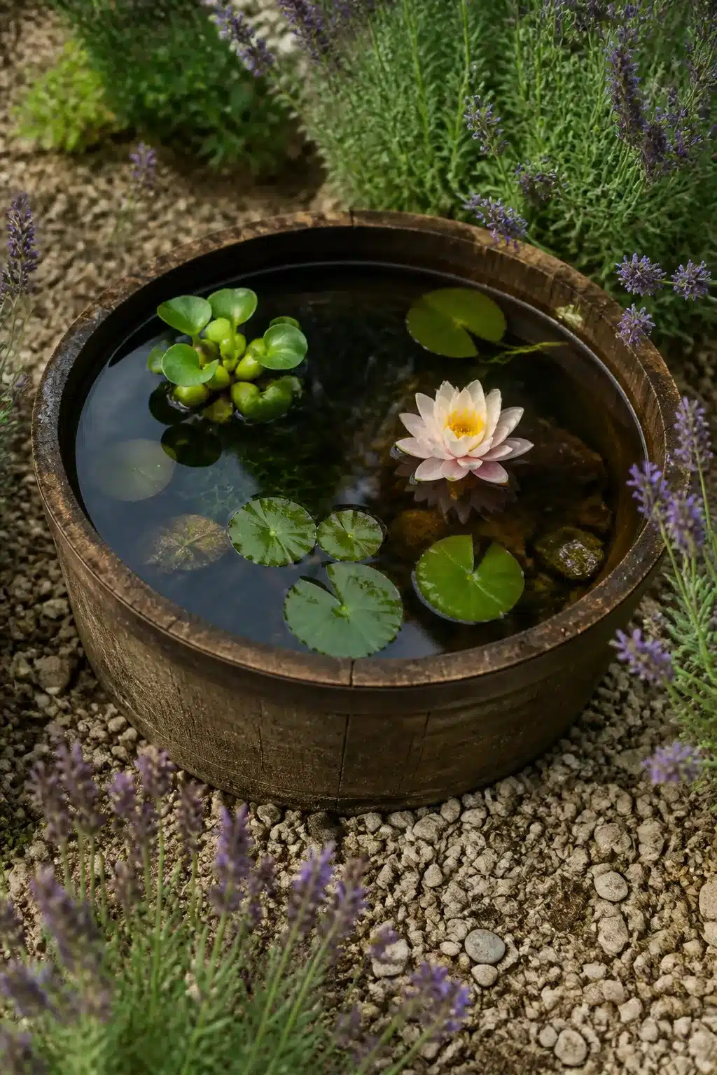 Oak half-barrel small garden pond with water lily and lavender in pea gravel garden border
